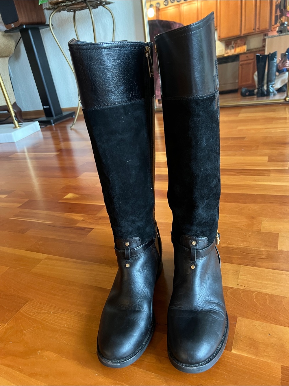 Women's Black Leather & Suede Knee-High riding boots Tory Burch